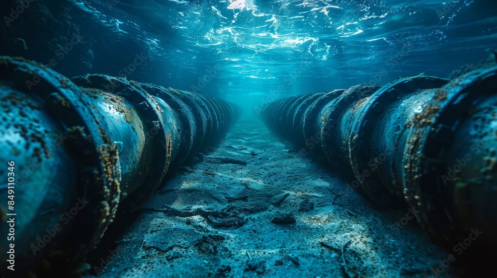 An underwater view of a pipeline leading into the ocean depths, creating a sense of mystery and exploration