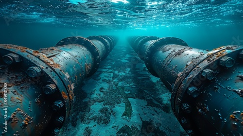 Large industrial pipes running underwater toward the horizon, highlighted by the sun's rays filtering through water