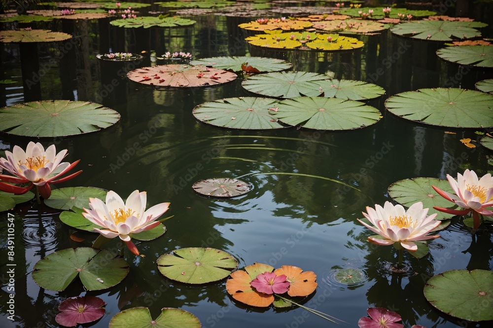 Colorful lily pond with dragonflies and text area Colorful lily pond with dragonflies and text area