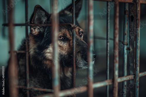 Dog sitting in a cage at the shelter