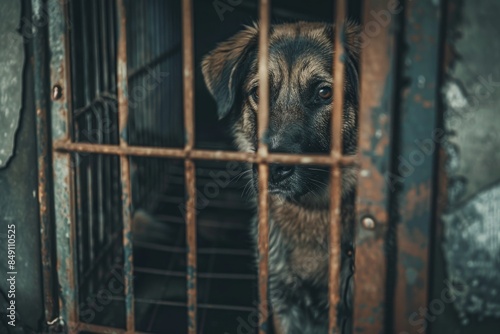 Dog sitting in a cage at the shelter