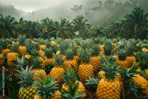 A field of yellow pineapples with green leaves