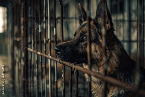 Dog sitting in a cage at the shelter