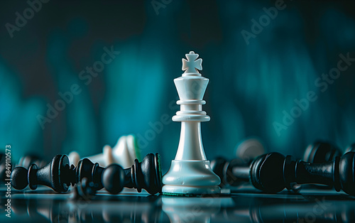 A white chess piece stands on the board, among fallen black pieces.