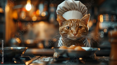A ginger cat with a serious look wears a chef's hat while cooking in a kitchen with pots and pans