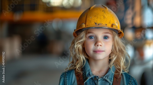 A young girl with curly hair looks thoughtful wearing a yellow hardhat amidst a construction background