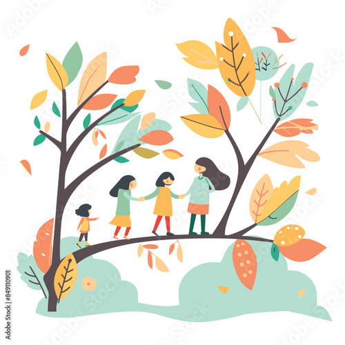 Three females, two children one adult, playing circle game under colorful autumn trees. Happy kids holding hands, woman supervising, outdoor fall activity. Children wear dresses, autumn leaves