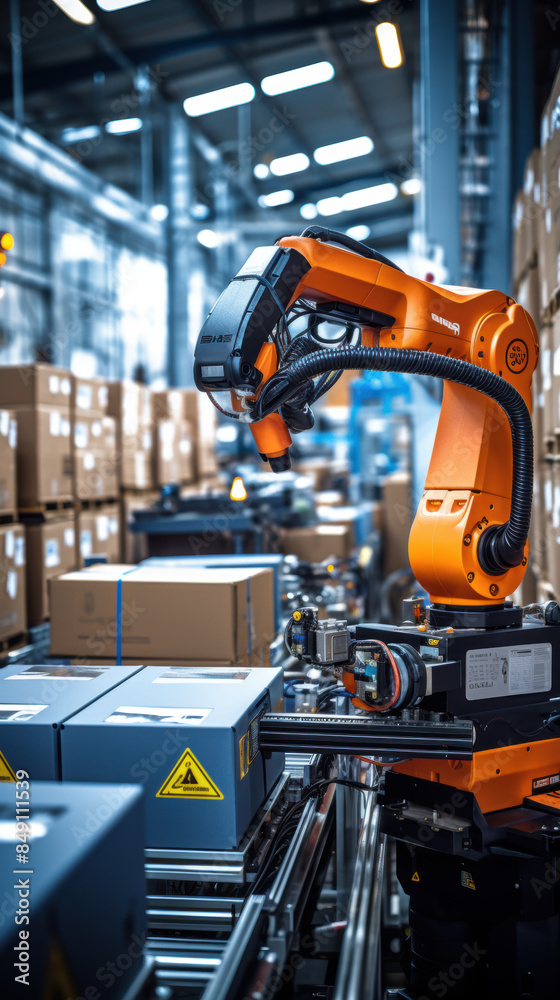 Fototapeta premium A robot is working in a warehouse, surrounded by boxes