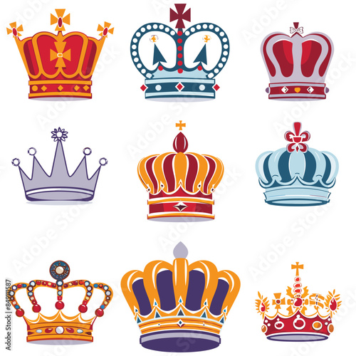 Collection various royal crowns different styles colors. Detailed regal crown illustrations symbolizing royalty, leadership, fantasy. Set ornate crowns featuring jewels, crosses, unique designs