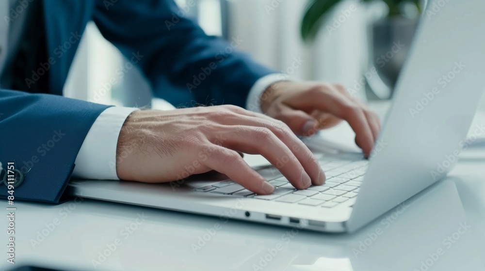 Cropped view of young businessman typing hands on laptop computer while working in modern white office room Cropped view of young businessman typing hands on laptop computer while working in modern white office room