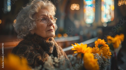 An older individual with face blurred sits in a pew with bright flowers in a church photo