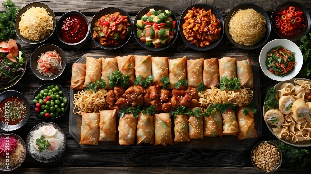 A colorful array of traditional Chinese dishes, including egg rolls and rice noodles A colorful array of traditional Chinese dishes, including egg rolls and rice noodles