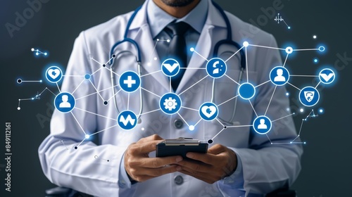 Photo of doctor working with medical network connection icon Hospital and health care service concept