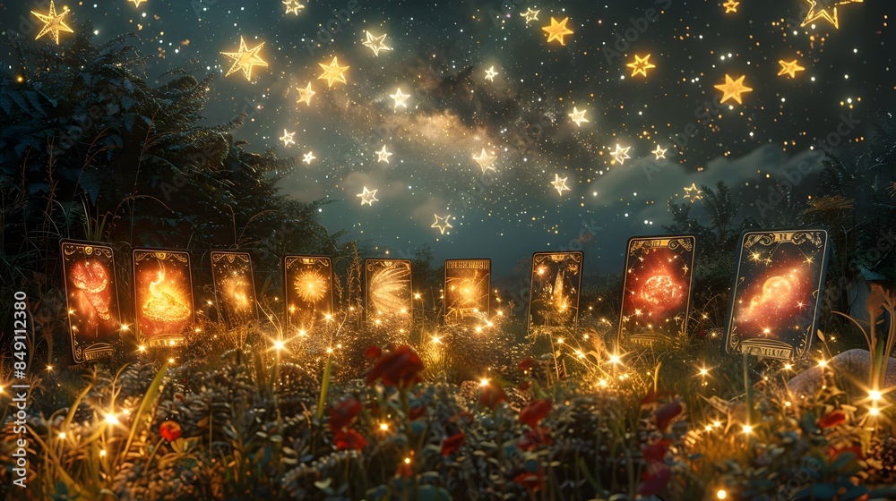 Naklejka premium Starlit Gypsy Tarot Meadow Under Twinkling Night Sky