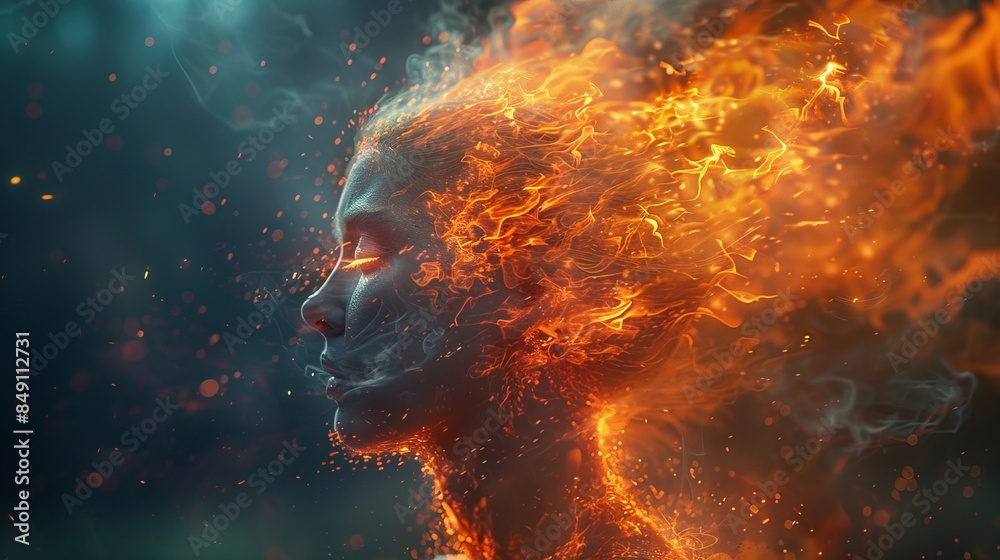 The image depicts a woman's profile with flames wrapping around, symbolizing maybe transformation or energy The image depicts a woman's profile with flames wrapping around, symbolizing maybe transformation or energy