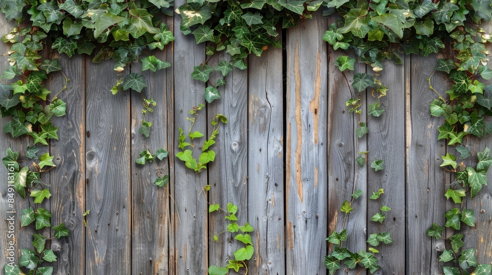 Fototapeta premium Ancient wooden wall covered with climbing plants on gray background