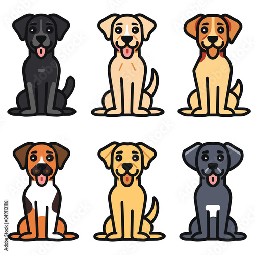 Six cartoon dogs various coat colors, sitting smiling, dog exhibits distinct color patterns, ranging solid black tan white markings, illustration conveys cheerful friendly demeanor simplistic