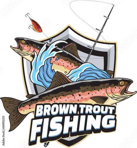 Vector Illustration of Brown Trout Fishwith Fishing Rod and Waves with Vintage Illustration Available for Fishing Logo