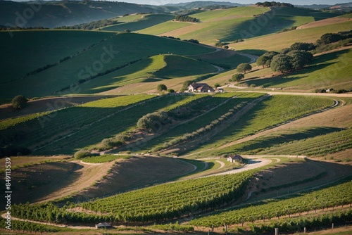 Bright vineyard with rolling hills and text area
