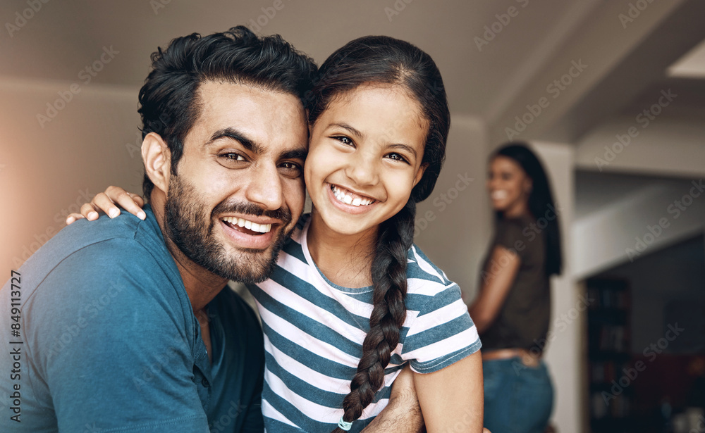 Fototapeta premium Smile, portrait and father hug child for family bonding, care and connection in home together. Face, girl and dad embrace happy kid in house for support, trust and funny parents laughing for love