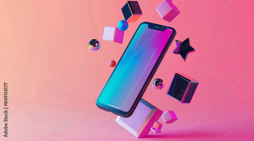 A smartphone with a pink screen lies diagonally on a pastel-colored background. The background features a split of teal and peach hues, with 3D spheres in matching colors scattered around A smartphone with a pink screen lies diagonally on a pastel-colored background. The background features a split of teal and peach hues, with 3D spheres in matching colors scattered around