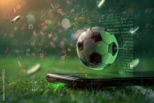 soccer ball appears to emerge from a smartphone screen on a grassy field, symbolizing the integration of technology and sports photo