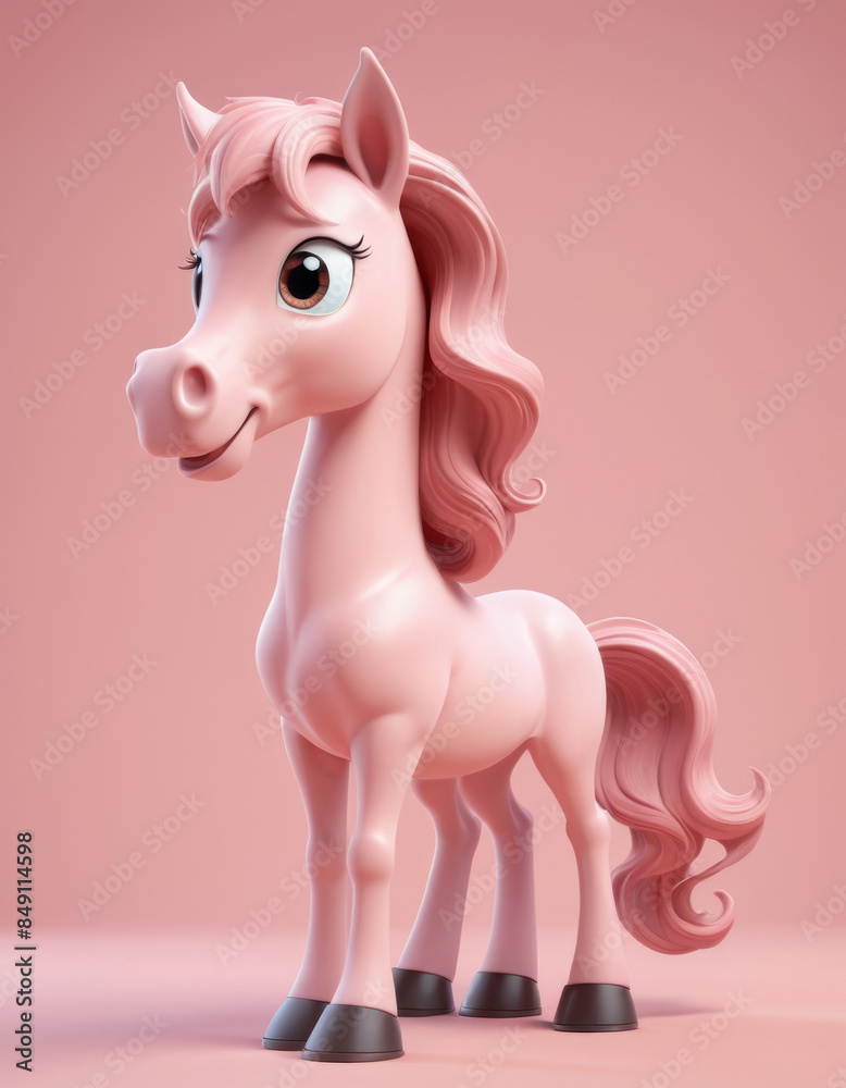Fototapeta premium A 3D cartoon horse with a flowing mane and a gentle expression on a light pink background.