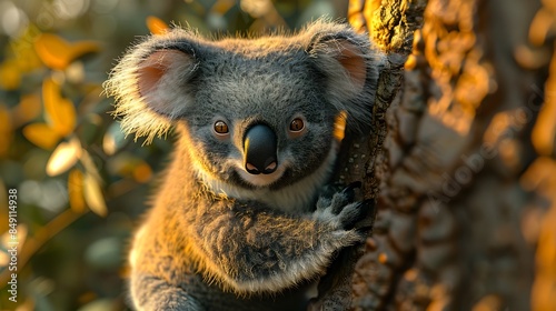A 3D rendered image of a cute fluffy koala bear clinging to a eucalyptus tree branch with a calm sleepy expression  The koala s soft gray fur and large pointed ears create a charming photo