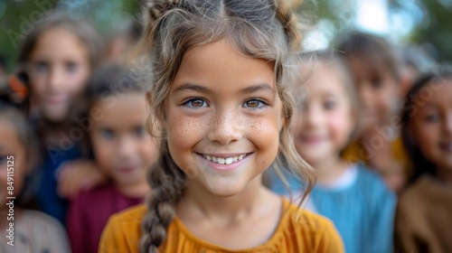 Joyful young girl with braided hair and freckles smiling, surrounded by a group of friends, representing childhood