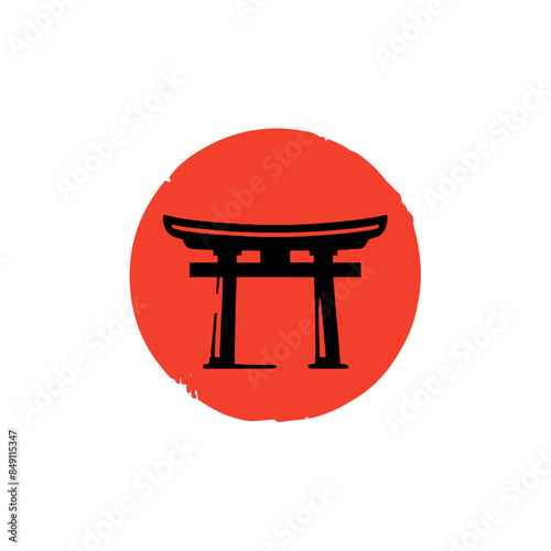 Torii gate silhouette red circle. Japanese cultural symbol traditional Shinto gate Japan Asian icon.