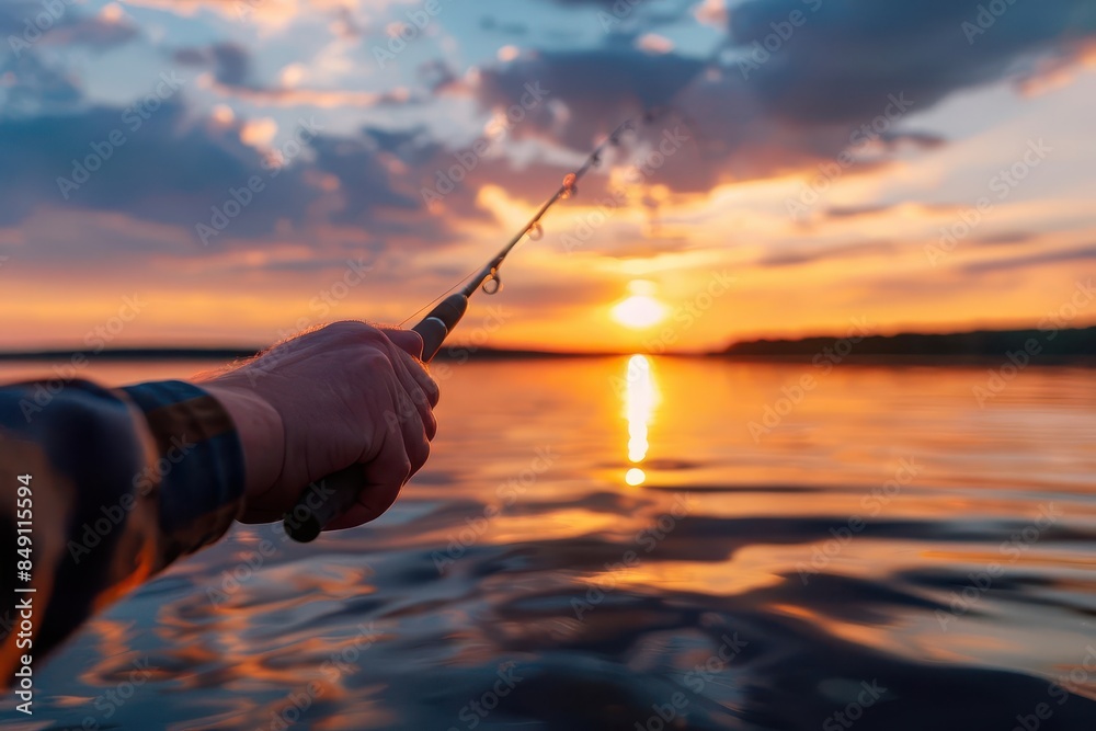 serene fishing moment sunset on the lake with fishermans hand holding rod closeup nature photography serene fishing moment sunset on the lake with fishermans hand holding rod closeup nature photography