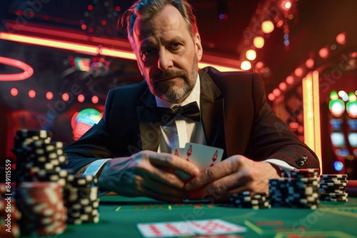 A man in a sophisticated suit plays poker, exuding confidence and elegance at the gaming table. photo