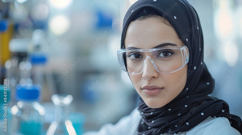 A striking portrait of a young scientist Muslim woman wearing a hijab and protective glasses, exuding confidence and determination in a laboratory setting