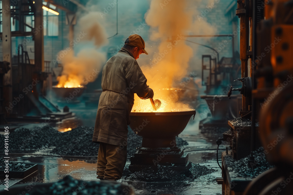 Metallurgist Working With Molten Metal in a Factory Metallurgist Working With Molten Metal in a Factory