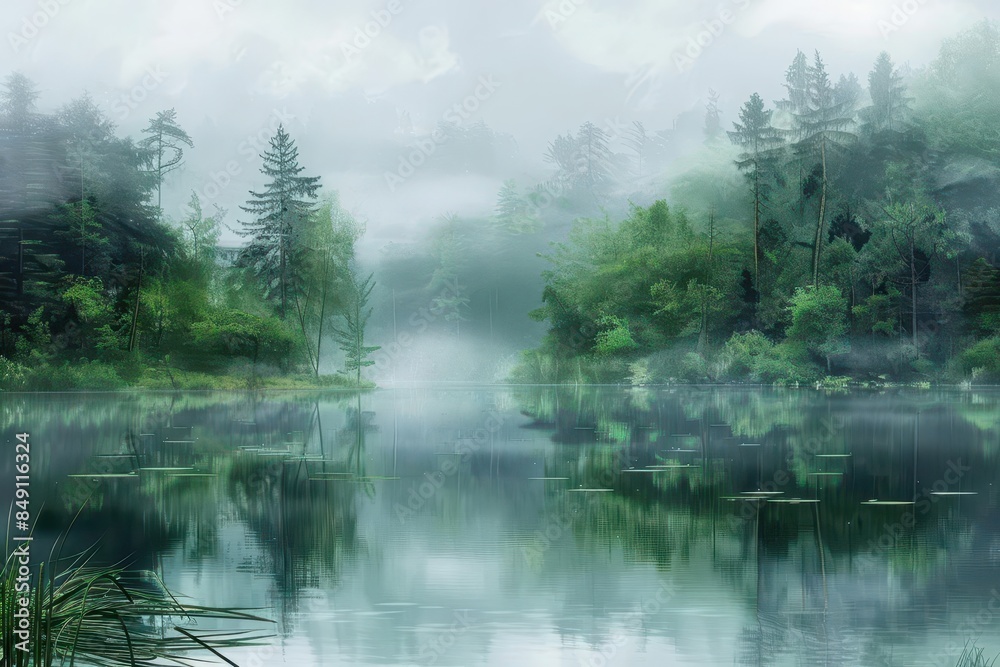 serene morning lake reflection with misty fog and lush green trees digital painting serene morning lake reflection with misty fog and lush green trees digital painting