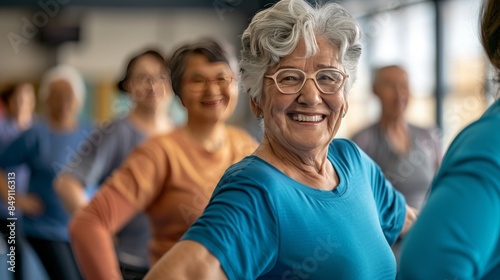 A group of seniors in a light exercise class at a community gym, encouraging and supportive, Photography, wide lens to show the inclusivity and social aspect of the class