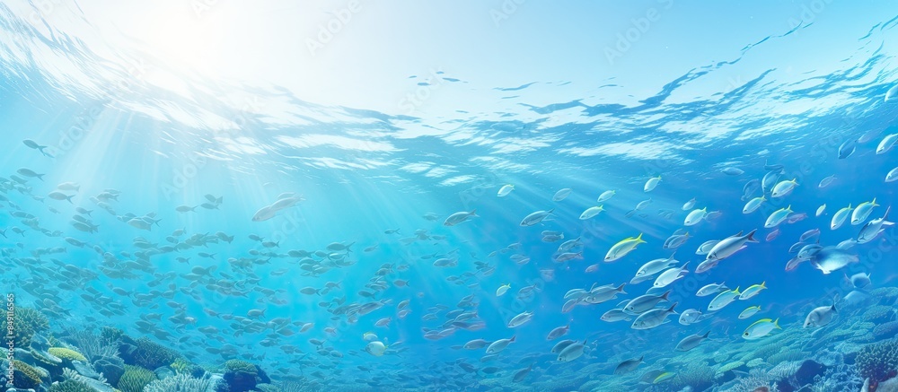 Transparent seabed with small fish background background. Creative banner. Copyspace image Transparent seabed with small fish background background. Creative banner. Copyspace image