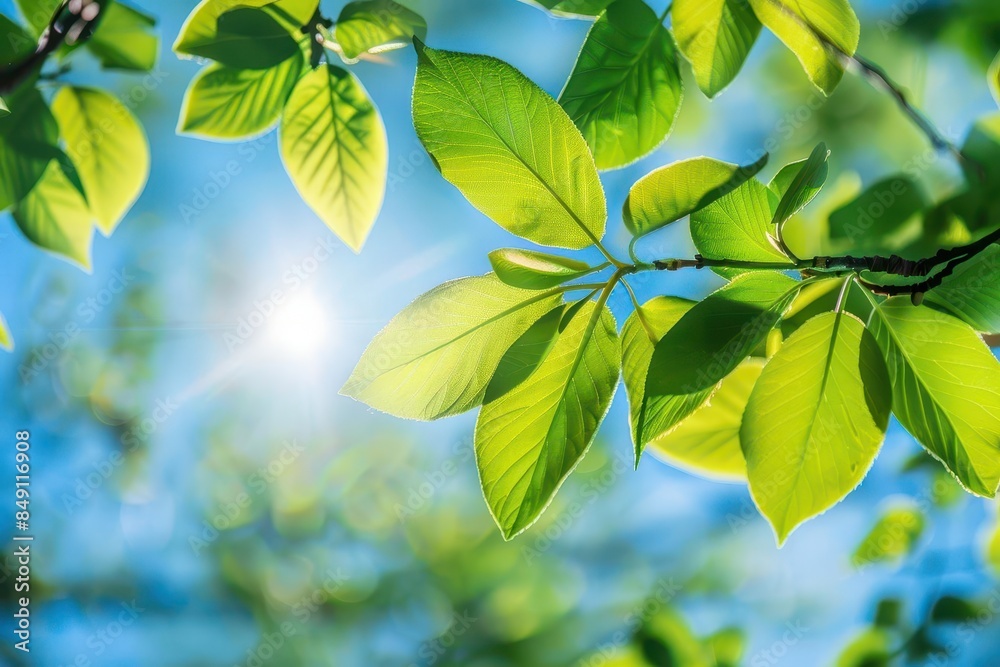 serene tree branch with lush green leaves against sunny blue sky nature background serene tree branch with lush green leaves against sunny blue sky nature background