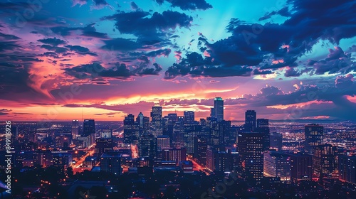 A beautiful cityscape of a modern city with skyscrapers and a colorful sky at sunset.