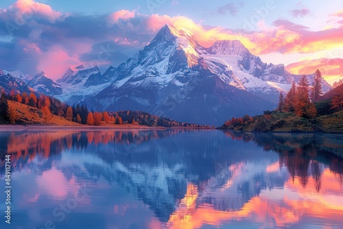Mountain Reflection in a Tranquil Lake at Sunset