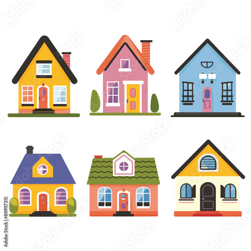Six cartoon houses colorful facades suburban neighborhood. Different styles architecture simple cozy homes. Cute vector illustrations residential buildings cottages isolated white background