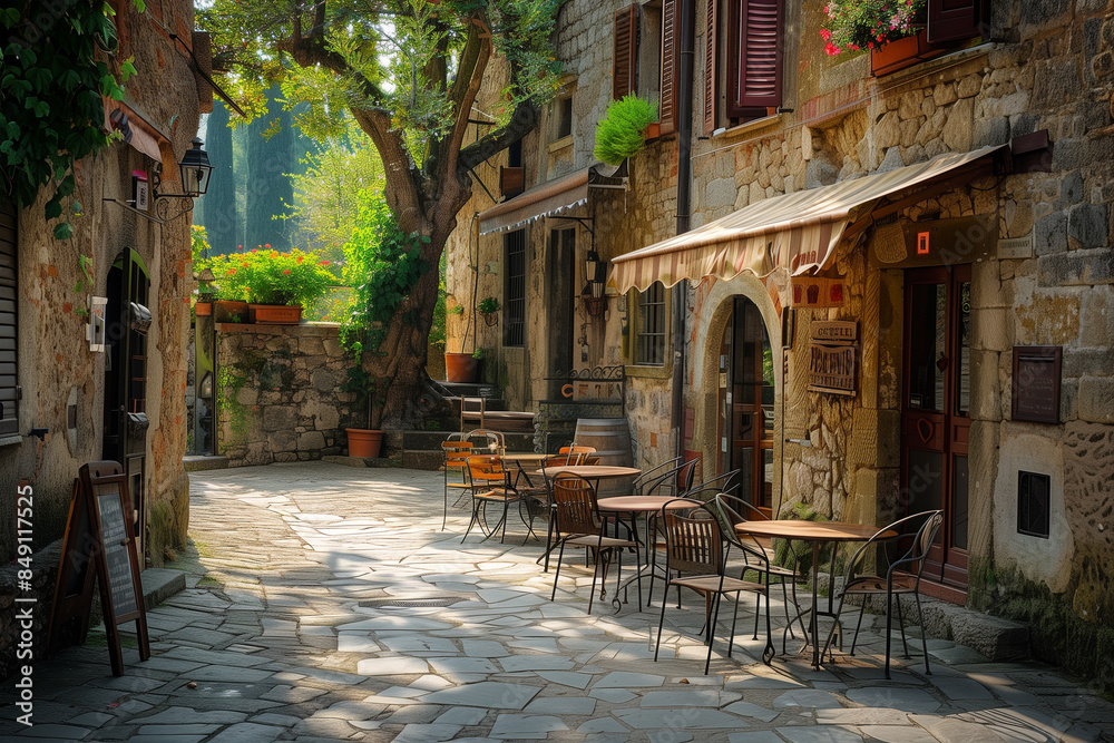 Obraz premium Stone Building Cafe Patio With Tables and Chairs in Italy