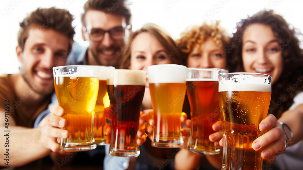 Happy group of diverse friends smiling and making a toast with their beer glasses in a pub