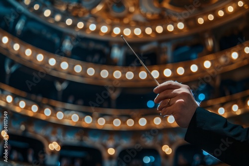 conductor's hand holding a baton, poised in front of an opulent, warmly lit theater stage, ready to lead an orchestra