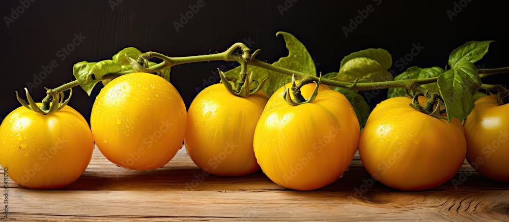 Big yellow tomatoes on old wooden background. Creative banner. Copyspace image Big yellow tomatoes on old wooden background. Creative banner. Copyspace image