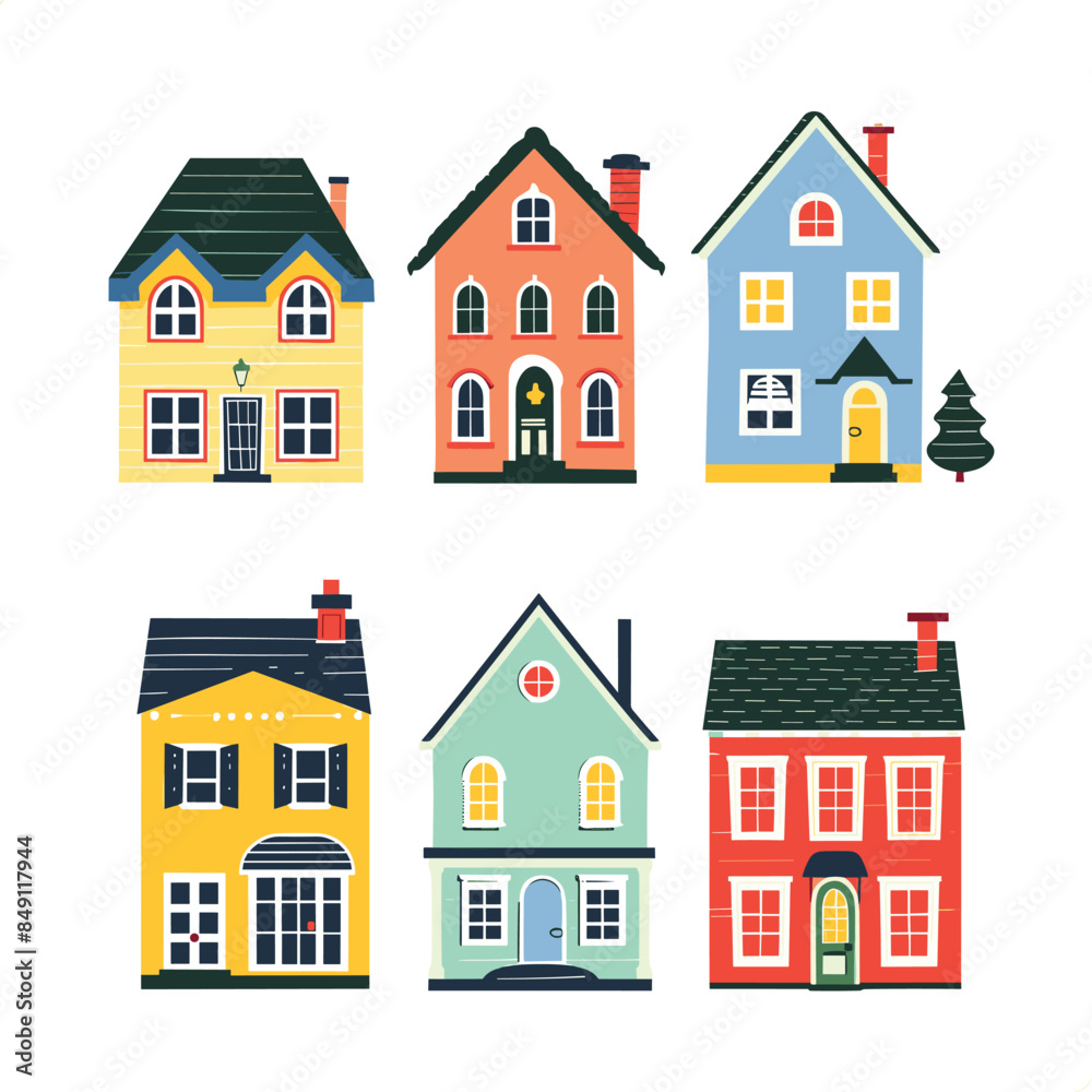 Six colorful cartoon houses set against white background. Different styles colors residential architecture represented flat design. Vibrant suburban community concept varied house facades Six colorful cartoon houses set against white background. Different styles colors residential architecture represented flat design. Vibrant suburban community concept varied house facades