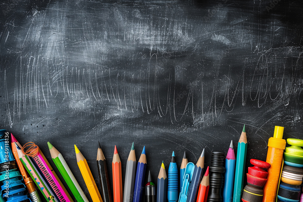Colorful Pencils Lined Up On A Black Chalkboard Background Colorful Pencils Lined Up On A Black Chalkboard Background