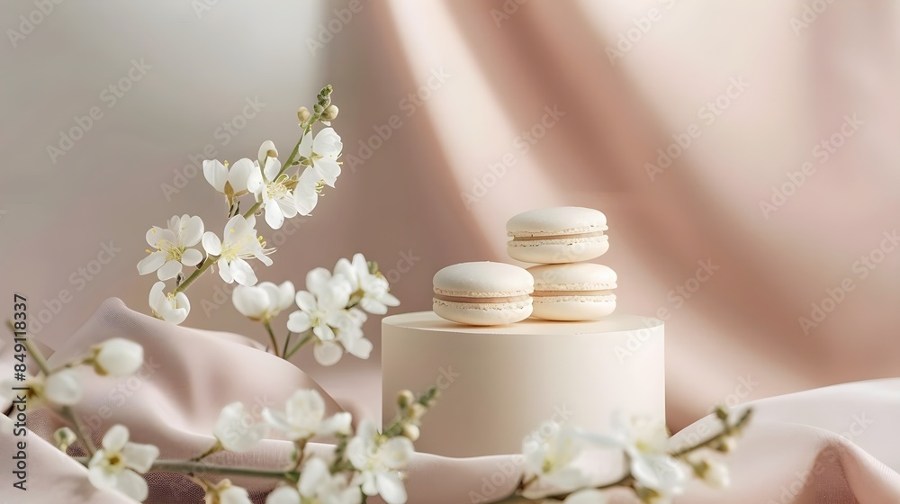 Flatlay macaroons with a decor in the form of flowers and a podium on a light background Flatlay macaroons with a decor in the form of flowers and a podium on a light background