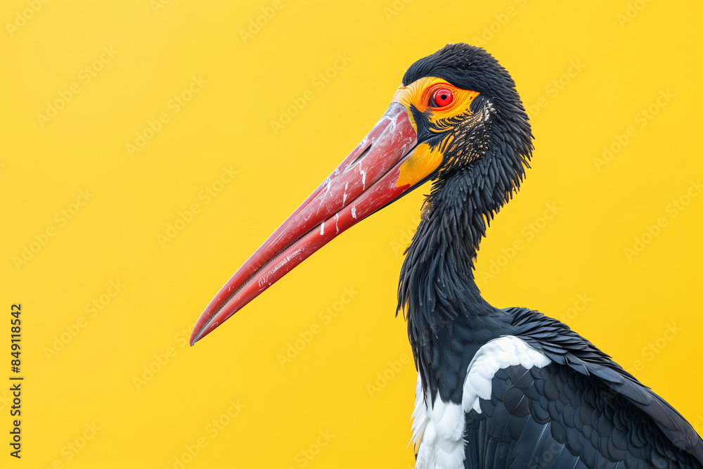 Fototapeta premium Saddle-Billed Stork on Bright Yellow Background, Vibrant Bird Portrait