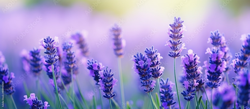 Naklejka premium Selective focus image of artificial Lavender flowers or Lavandula angustifolia photographed at close range with the green leaves and blurred background. Creative banner. Copyspace image